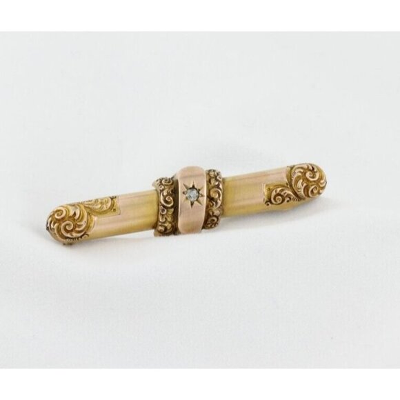 10k Yellow Gold Antique Art Nouveau Diamond Bar Pin - Picture 1 of 9